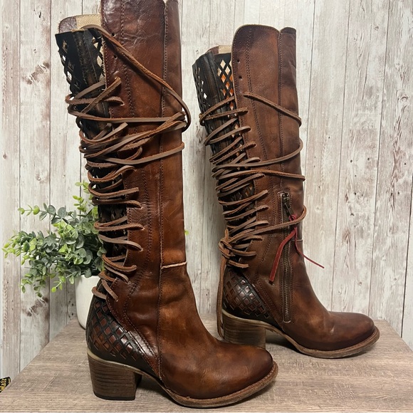 Freebird Steven Carver Tan Lace Up Leather Knee High Boots Coachella Festival 6 - Picture 4 of 9